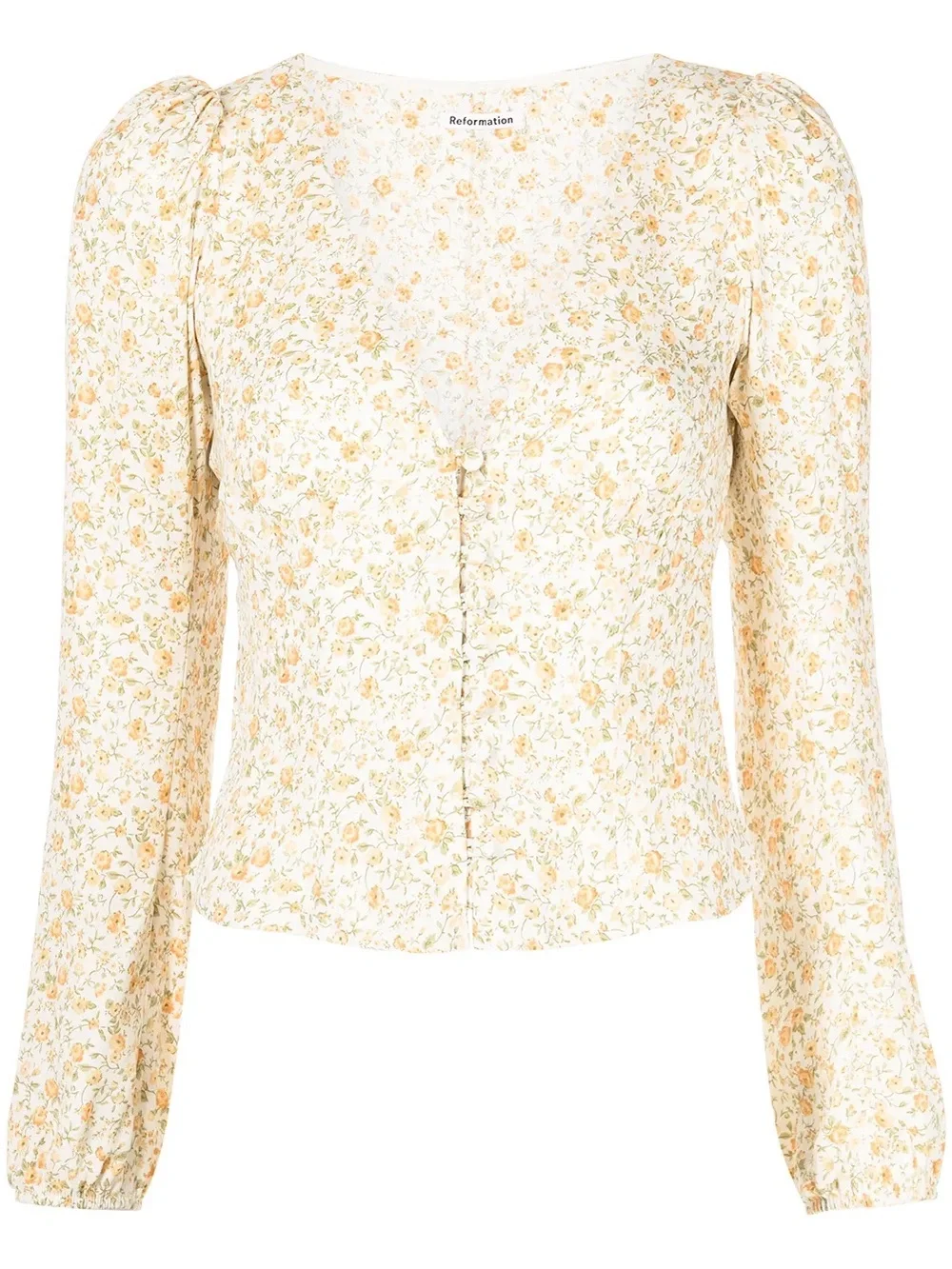 Reformation Cream Floral Button-Up Blouse with Yellow Accents